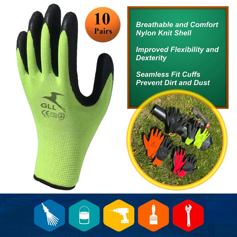 GLL Coated Work Gloves for Men and Women, 10-Pair Pack, Safety Gloves for Working, Gardening, Utility, Rugged Latex Rubber Firm Grip Coating (Medium, Green) - Image 2